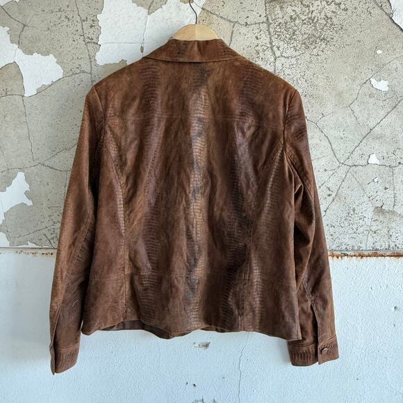Vintage Jacket Faux Leather Reptile Womens L Brown Croc Print Trucker Cut Coat - Picture 5 of 6